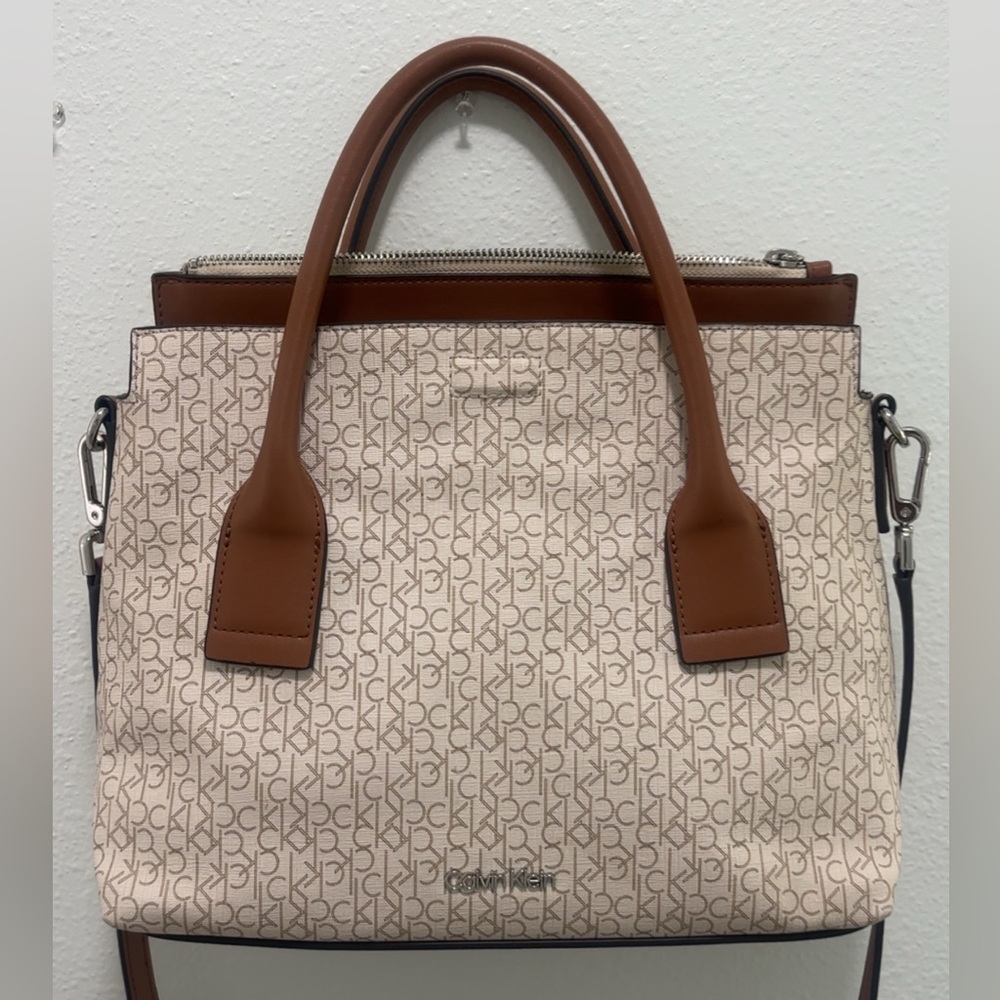 Calvin Klein Cream & Brown CK Monogram Satchel